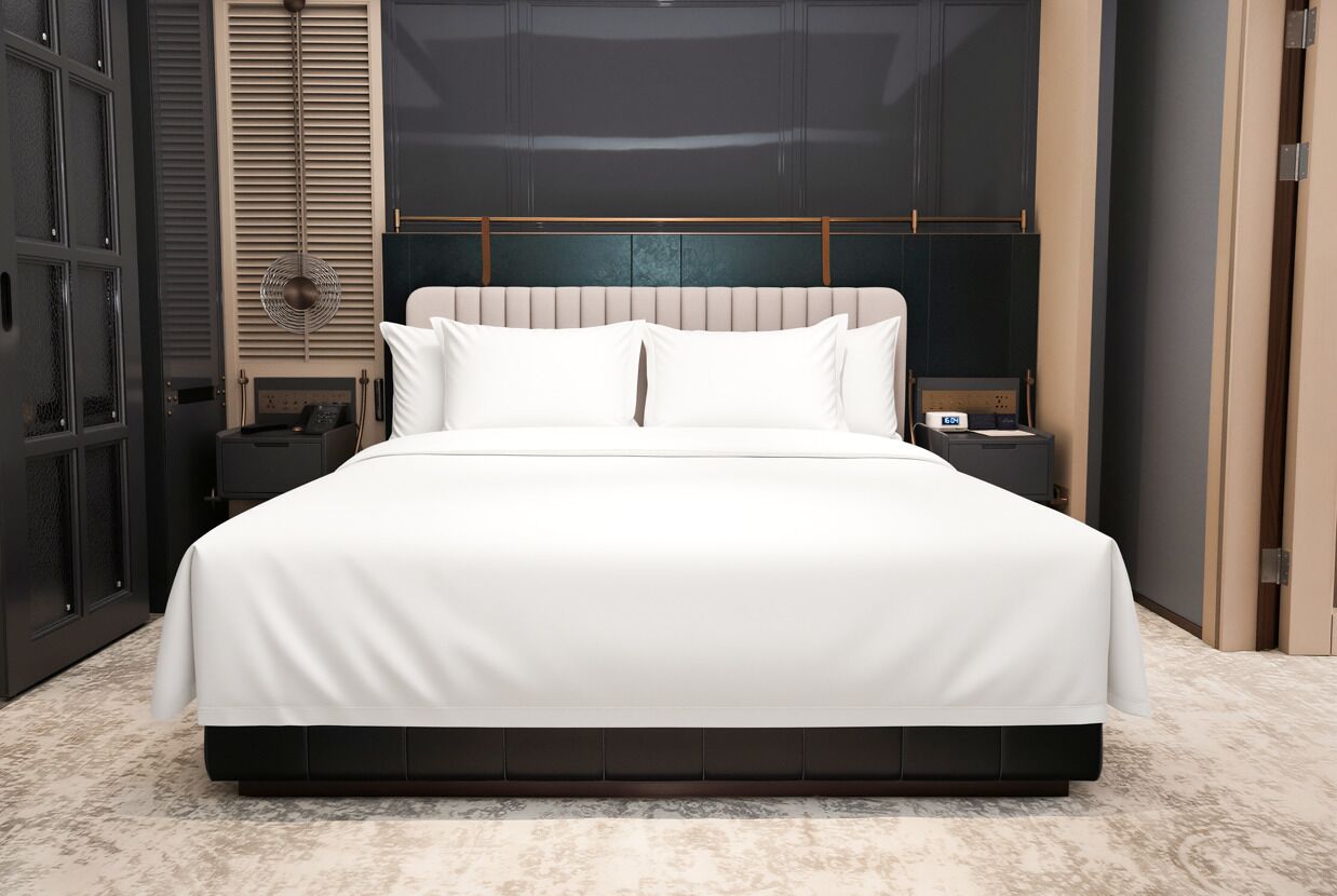 Un dormitorio moderno con una cama grande, una mesita de noche y un ventilador de pared.