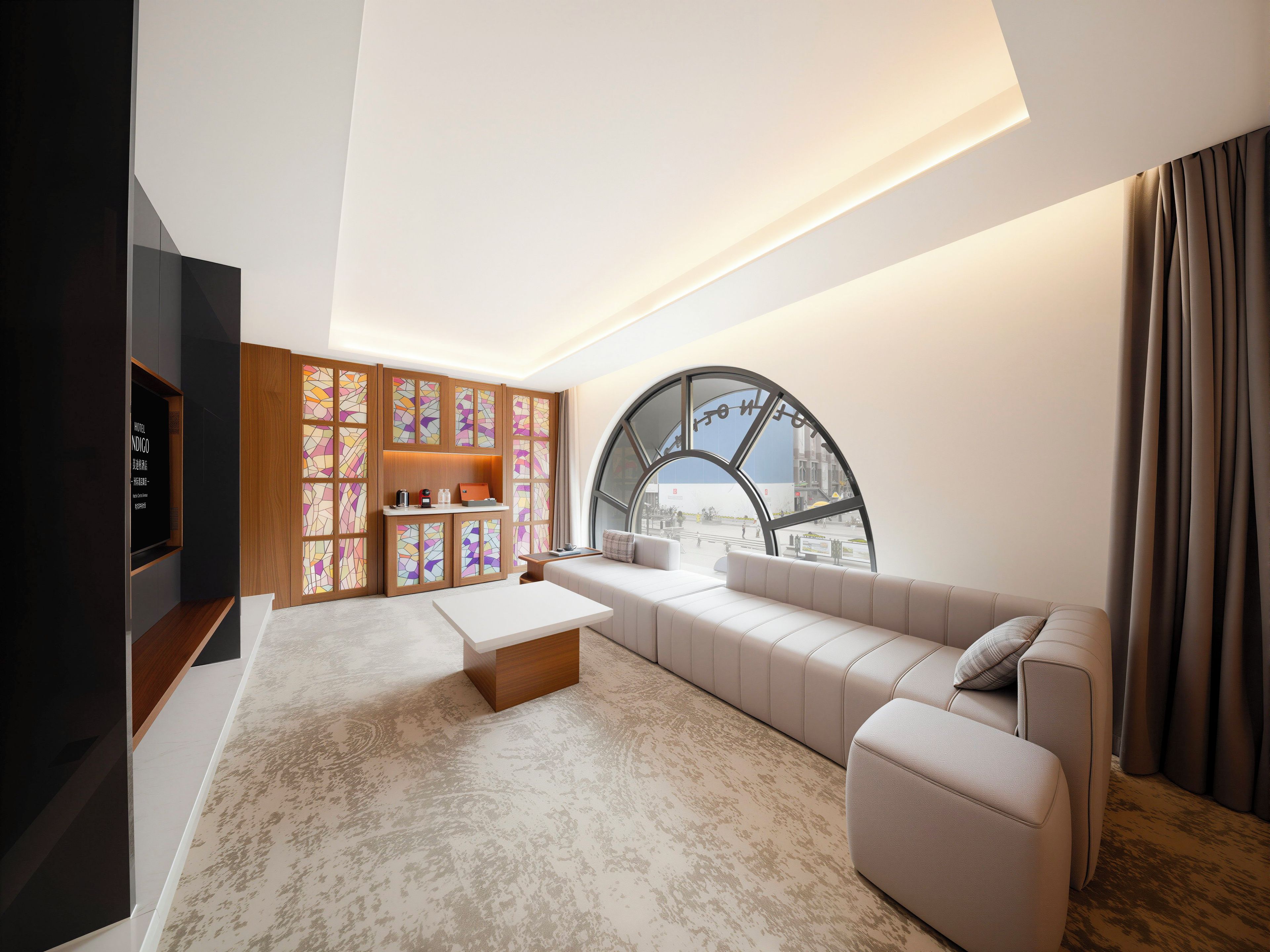A modern living room with a sofa, a coffee table, a TV, and a large window with a view of the city.