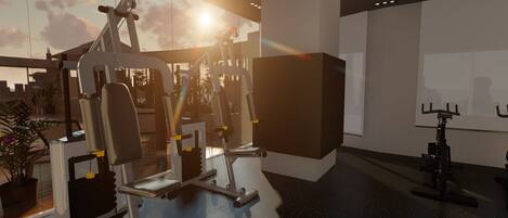A gym with exercise equipment, a large window, and a view of the sky.
