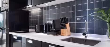 Fridge, microwave, stovetop, electric kettle