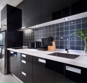 Fridge, microwave, stovetop, electric kettle