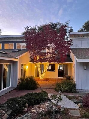 A modern house with a covered patio, a tree with red leaves, and a stone pathway.