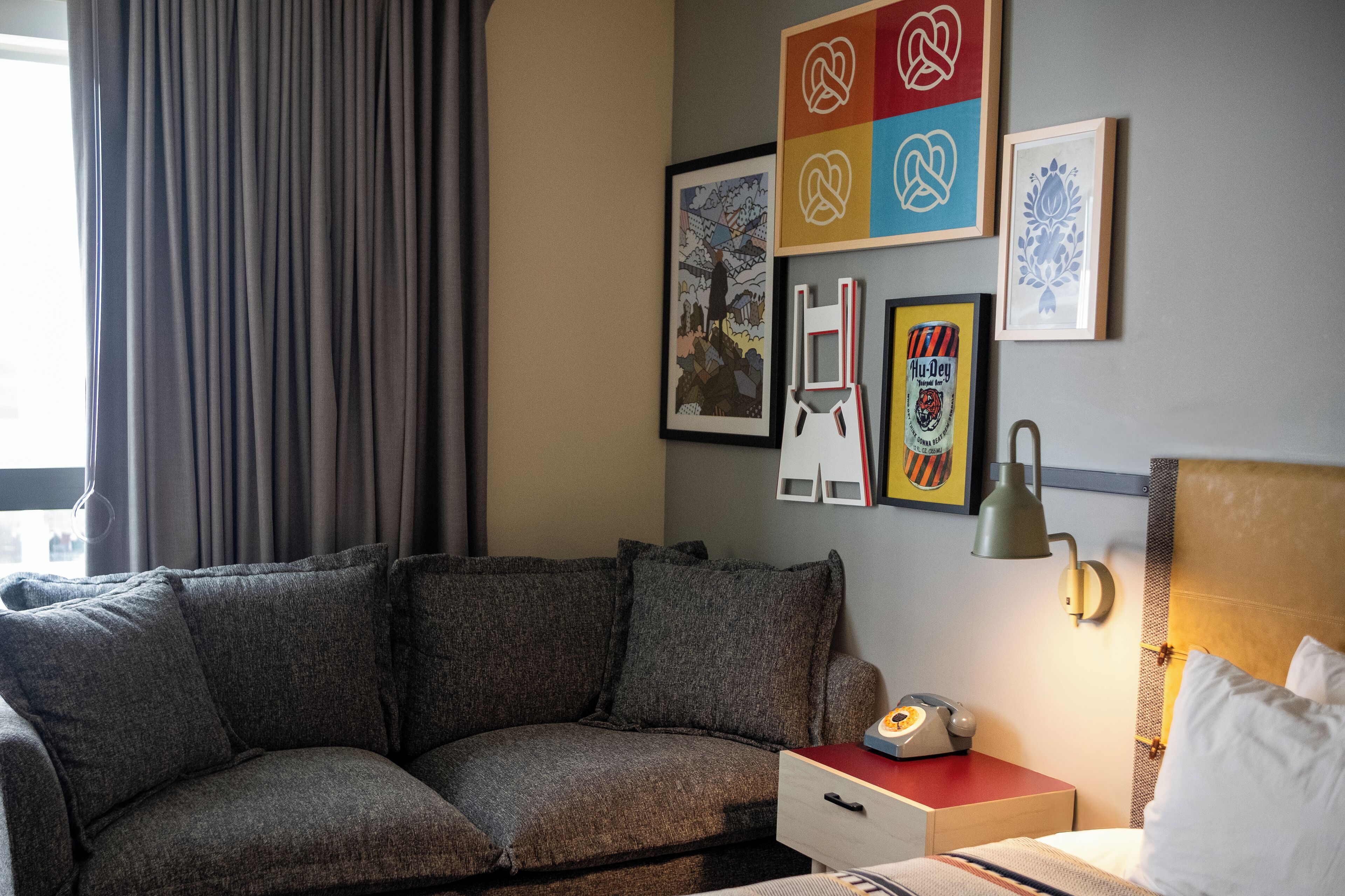 Desk, laptop workspace, blackout curtains, soundproofing