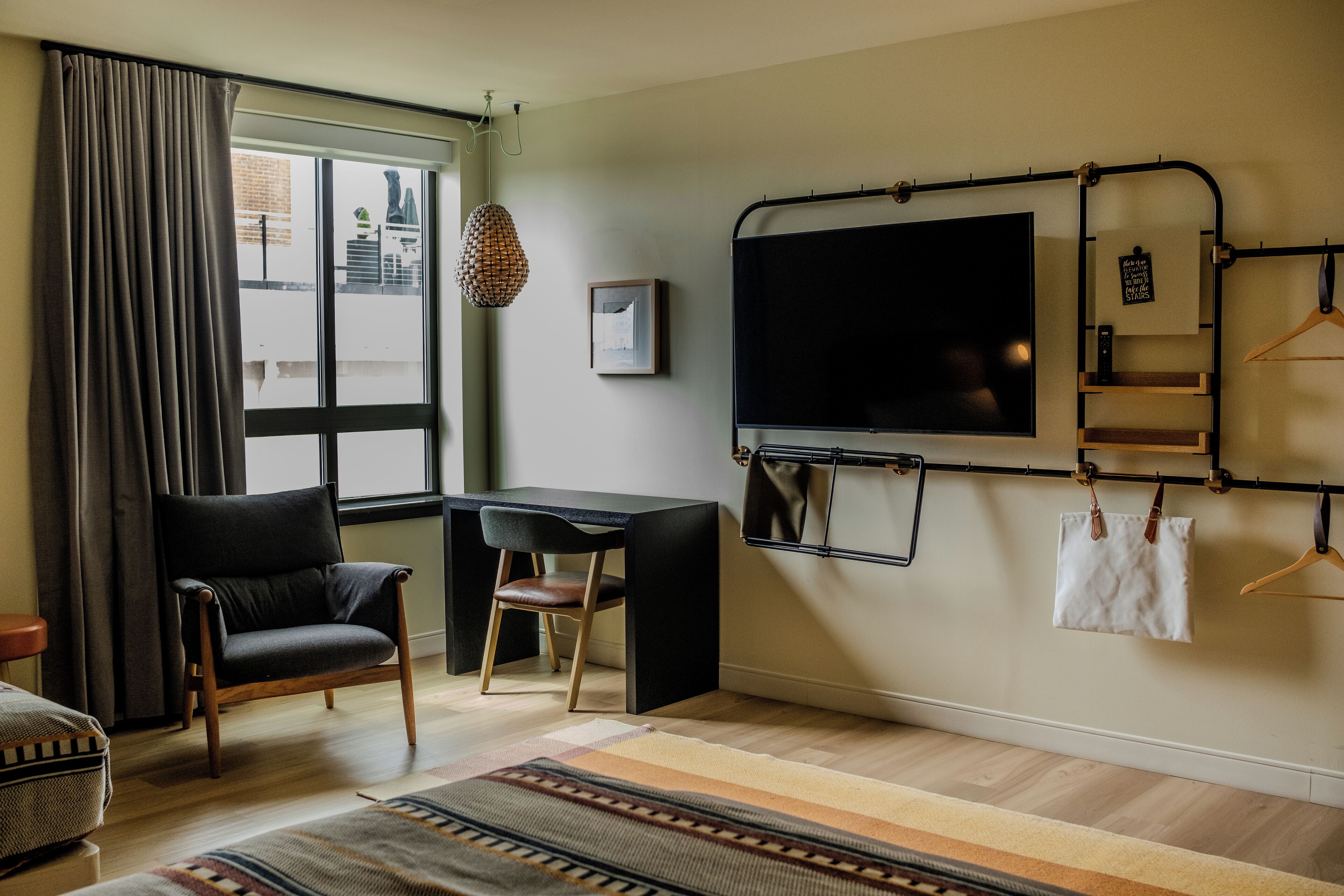 Desk, laptop workspace, blackout curtains, soundproofing