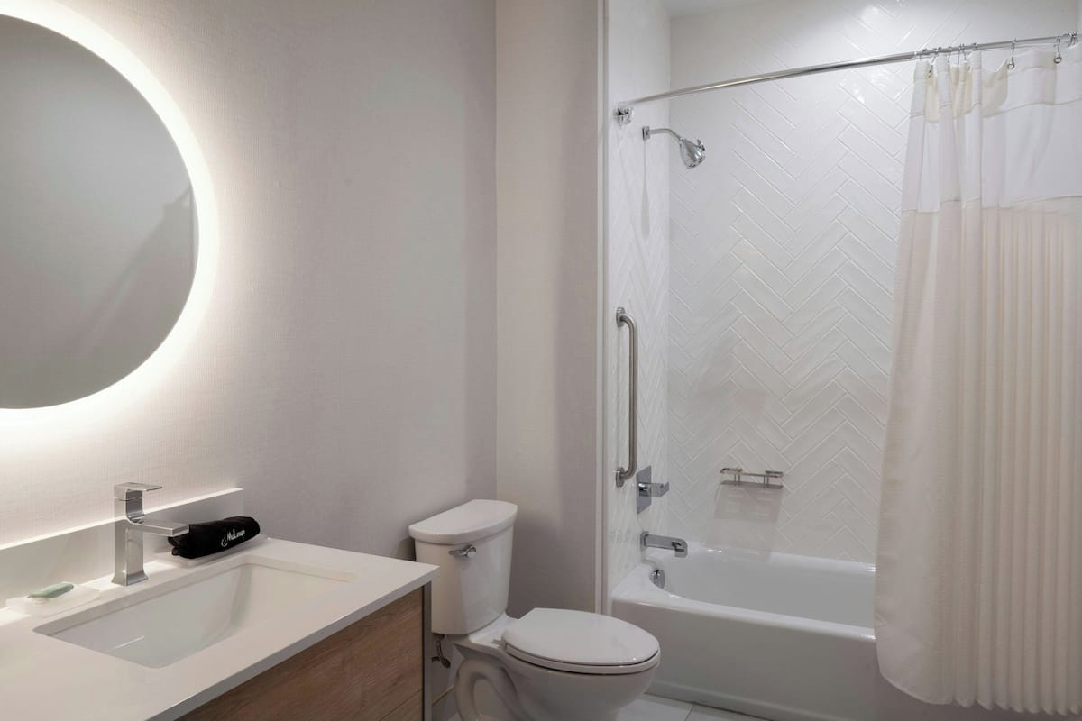 Hair dryer, towels, soap, shampoo