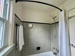 Hair dryer, towels, soap, shampoo