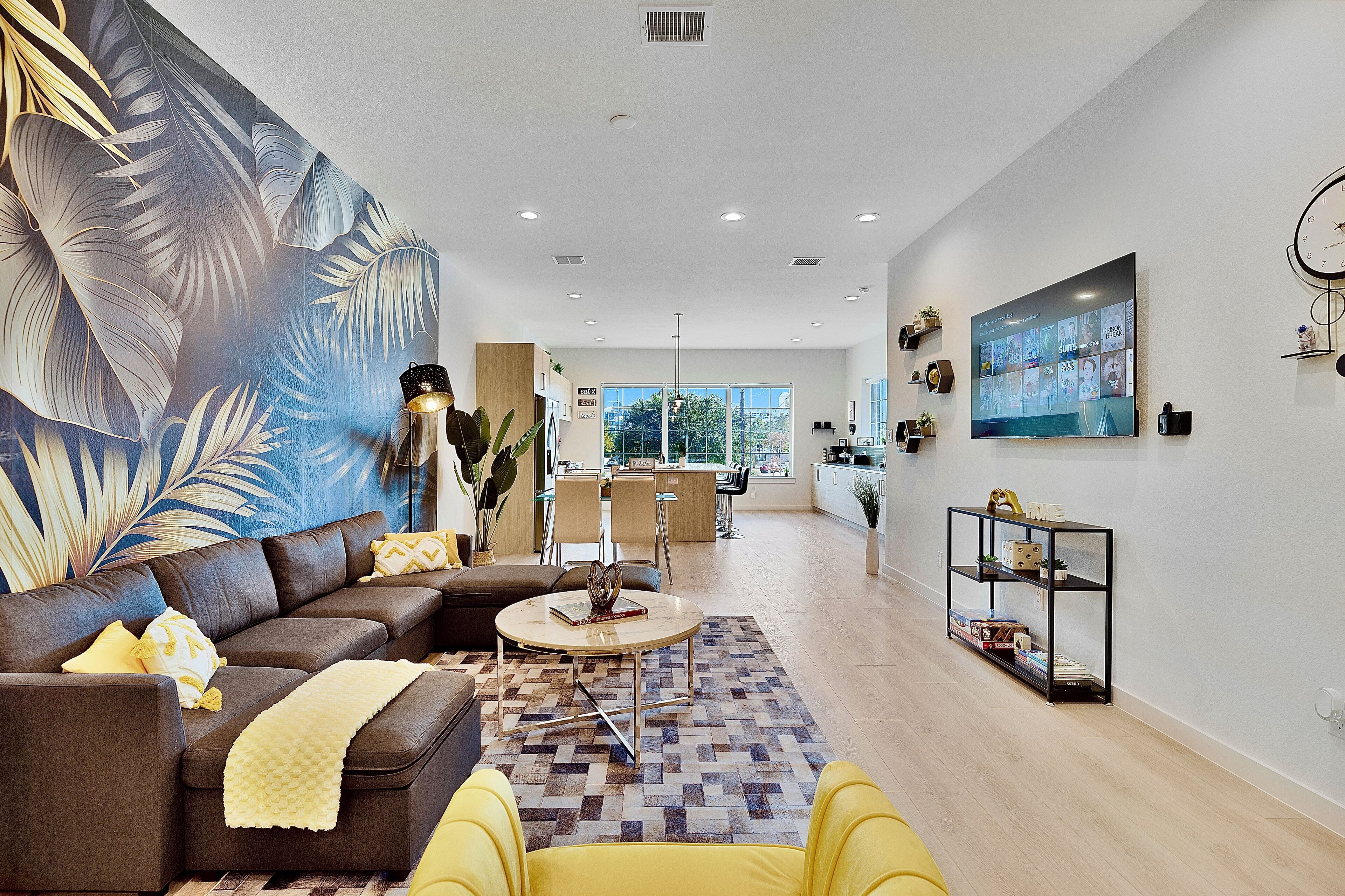 Smart TV, fireplace, video games, foosball