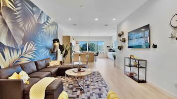 Smart TV, fireplace, video games, foosball