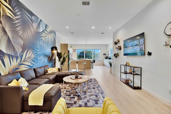Smart TV, fireplace, video games, foosball