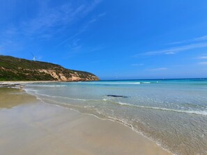 A beach with clear water, a sandy shore, and a hill with wind turbines.