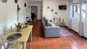 Amplia sala de estar con comedor, sofá gris, televisor y ventana con cortinas.