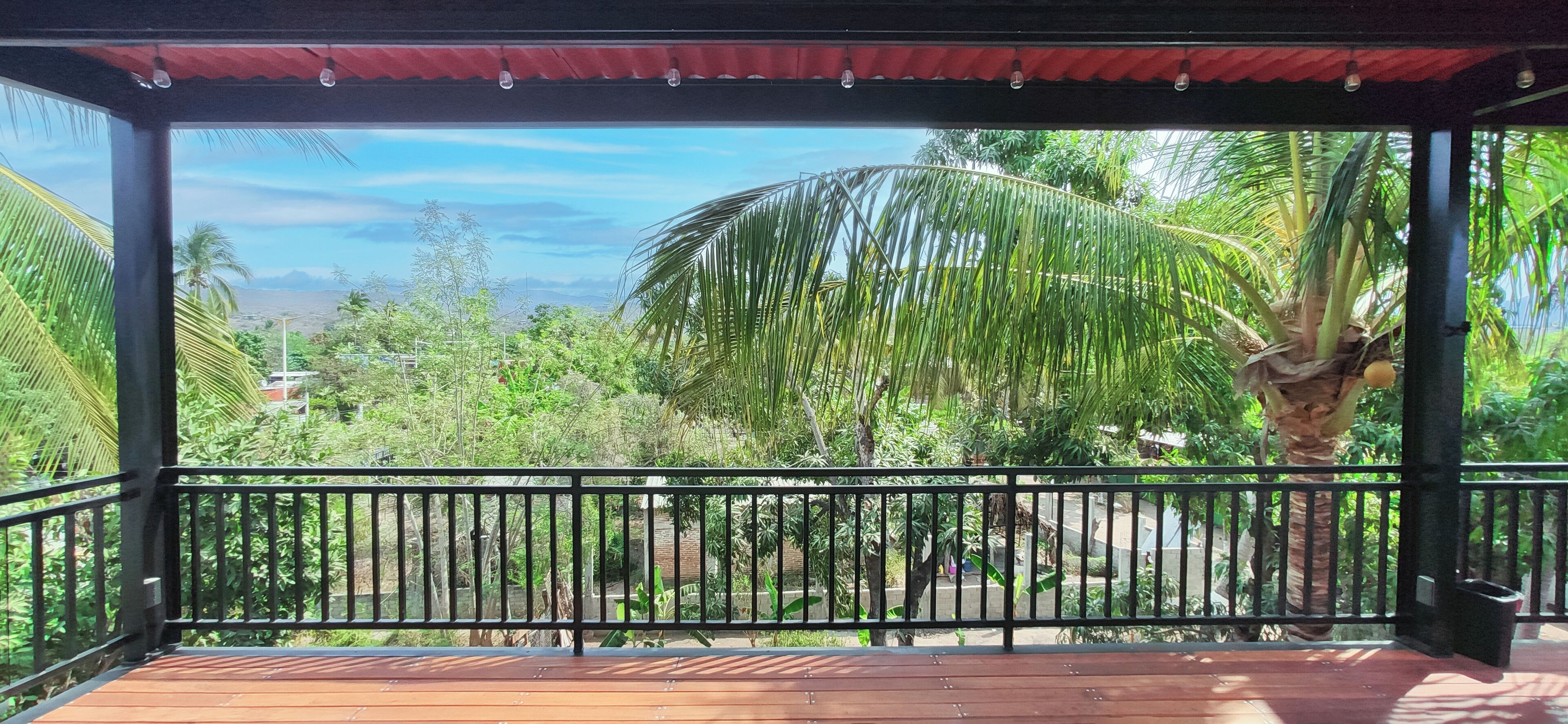 A wooden deck with a black railing, overlooking a lush garden with palm trees and other greenery.