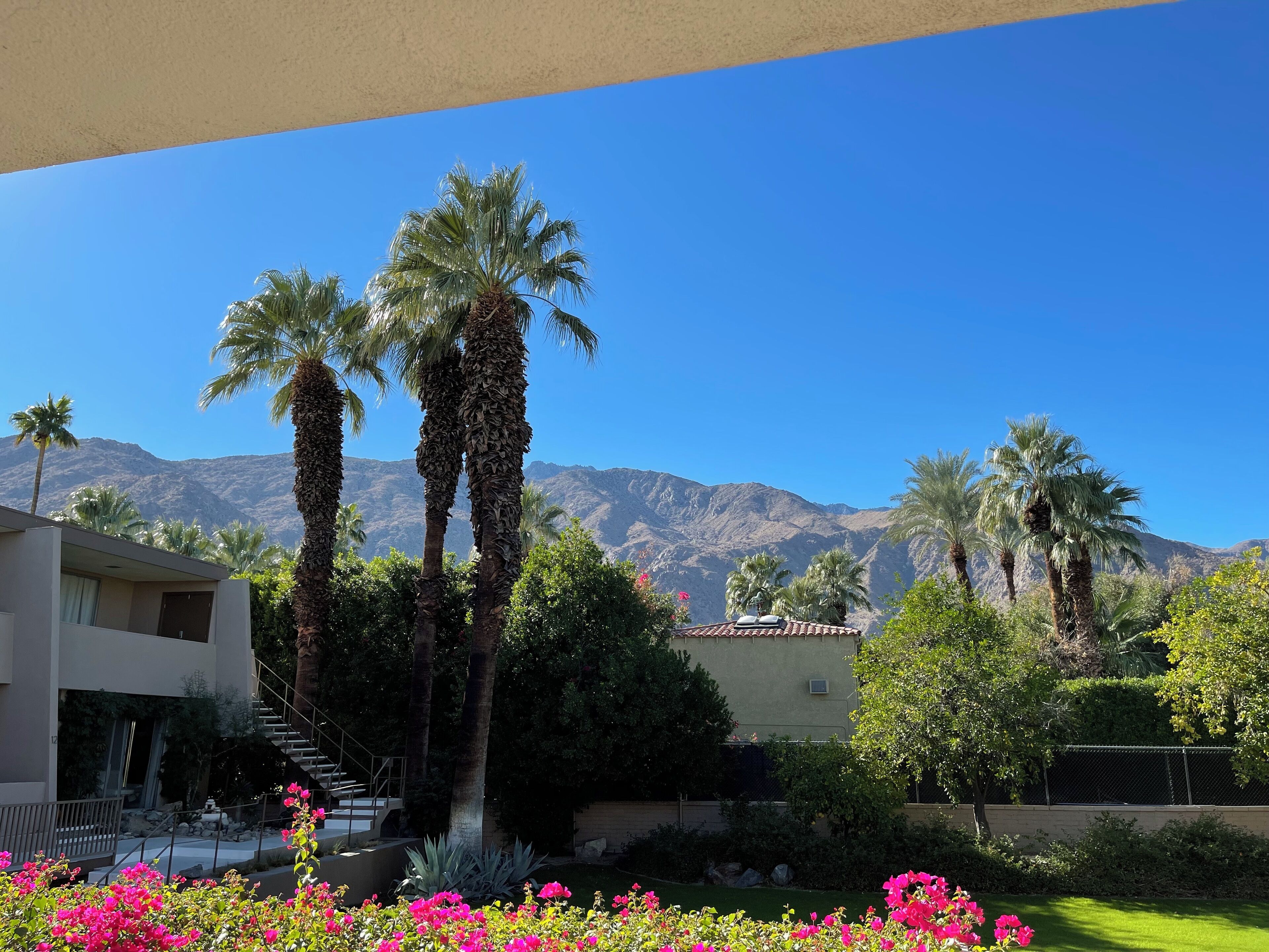 A hotel with a staircase leading to a balcony, surrounded by palm trees and mountains in the background.