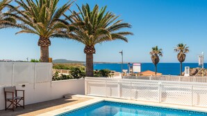 Piscina con vista despejada al mar, palmeras y una valla blanca.