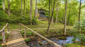 A wooden bridge over a stream leading to a cabin in a forest. - Rushing Creek Retreat, Serene Cabin with Great Views! (Sylva)