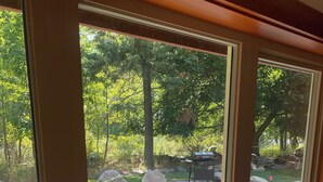 A patio area with a grill, large rocks, and a view of a wooded area through a window. - Cozy Rattlesnake Creekside Cabin Retreat  (Missoula)