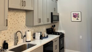 Une cuisine moderne avec des meubles gris, un évier en acier inoxydable et un four à micro-ondes. Un tapis noir recouvre le sol et un tableau encadré est accroché au mur.