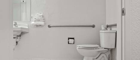 A bathroom with a white sink, toilet, and a handrail.