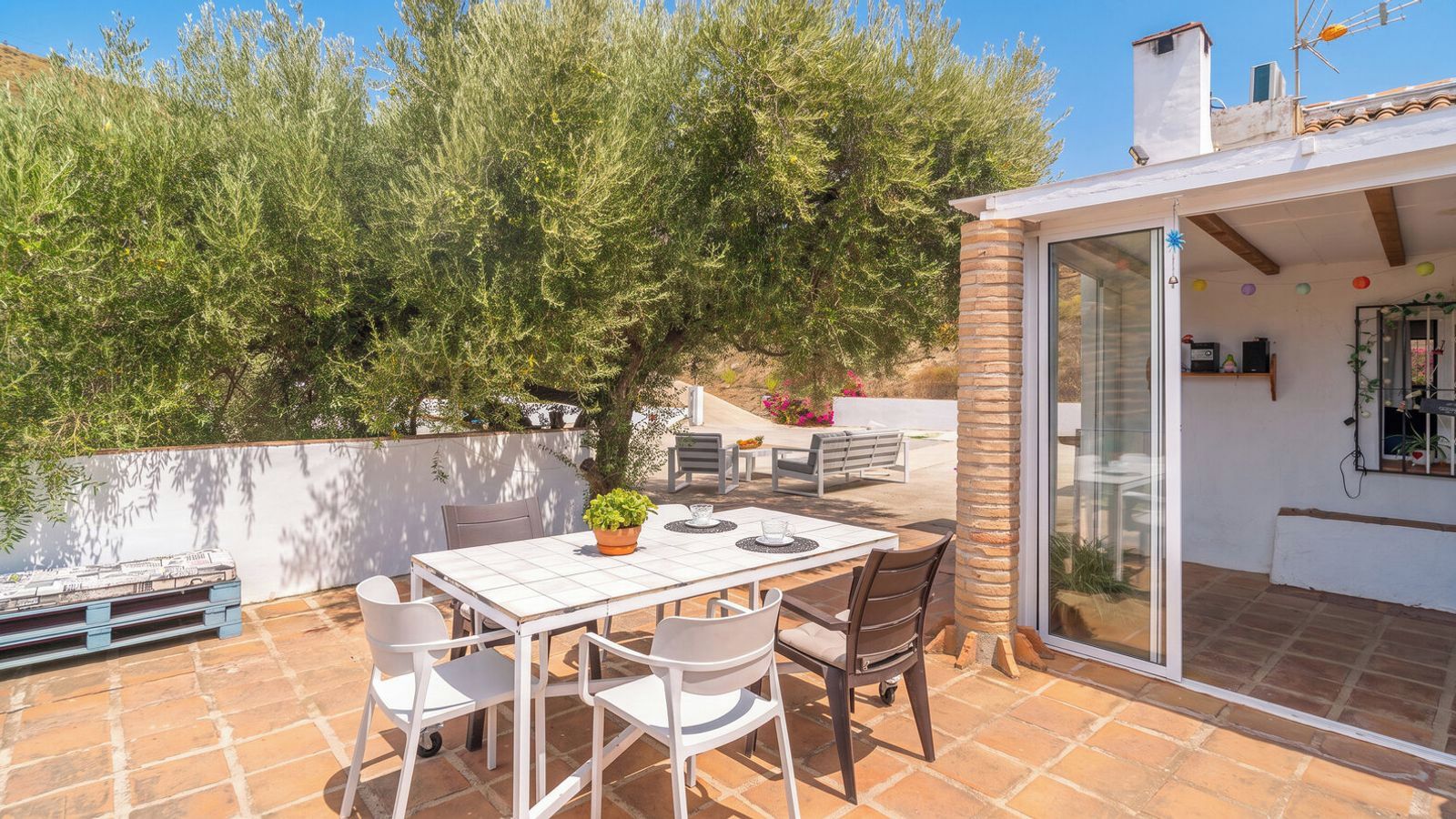 En udendørs terrasse med et bord og stole, en potteplante og en glasdør ind til et opholdsrum.