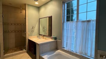 Shower, jetted tub, hair dryer, bidet