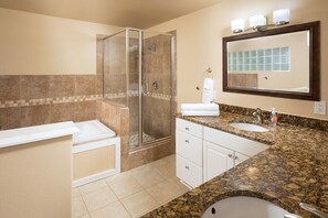 Jetted tub, hair dryer, towels