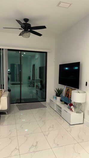 Smart TV, chimenea, libros, biblioteca de música