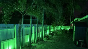 A nighttime view of a backyard with a swimming pool, a wooden fence, and various plants. - Chic Getaway Near Wilton Drive l Heated Pool (Wilton Manors)