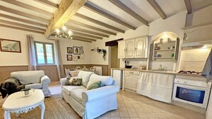 A cozy living room with a sofa, a small table, and a dog. There is a kitchen area with cabinets and a stove.