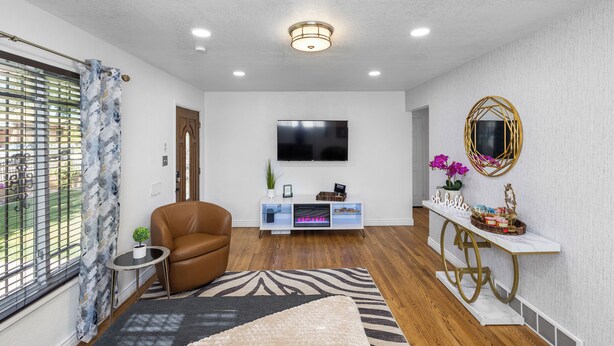 A modern living room with a brown leather sofa, a flat-screen TV mounted on the wall, a white console table with a decorative mirror, and a zebra-patterned rug.