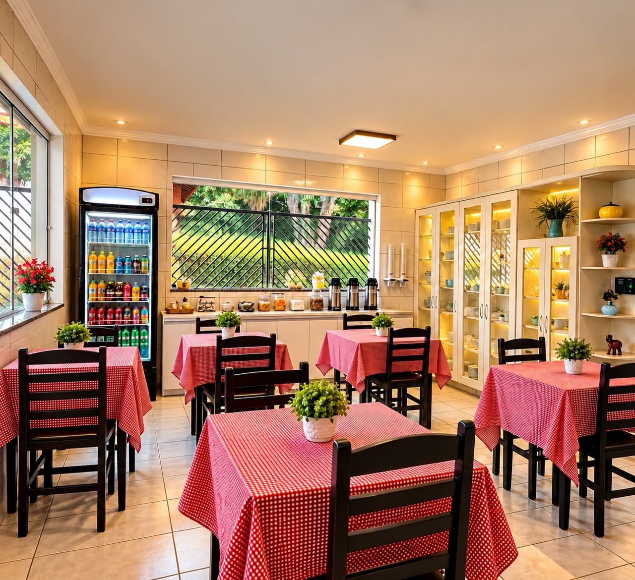 Un restaurant avec de nombreuses tables recouvertes de nappes à carreaux rouges, un réfrigérateur rempli de boissons et une vue sur la verdure par la fenêtre.