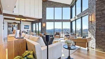 TV connectée, cheminée, livres, chaîne hi-fi