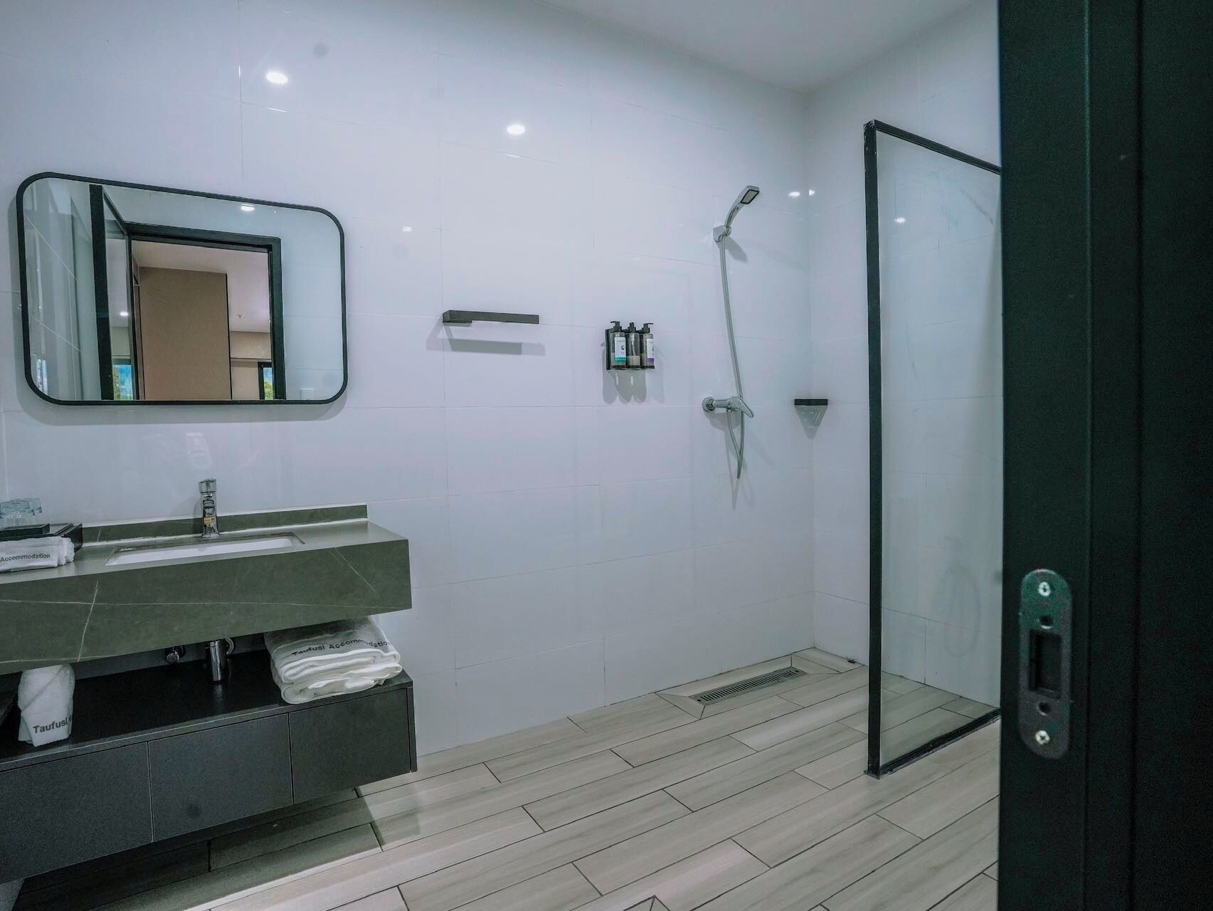 A modern bathroom with a glass shower enclosure, a vanity with a mirror, and a toilet.