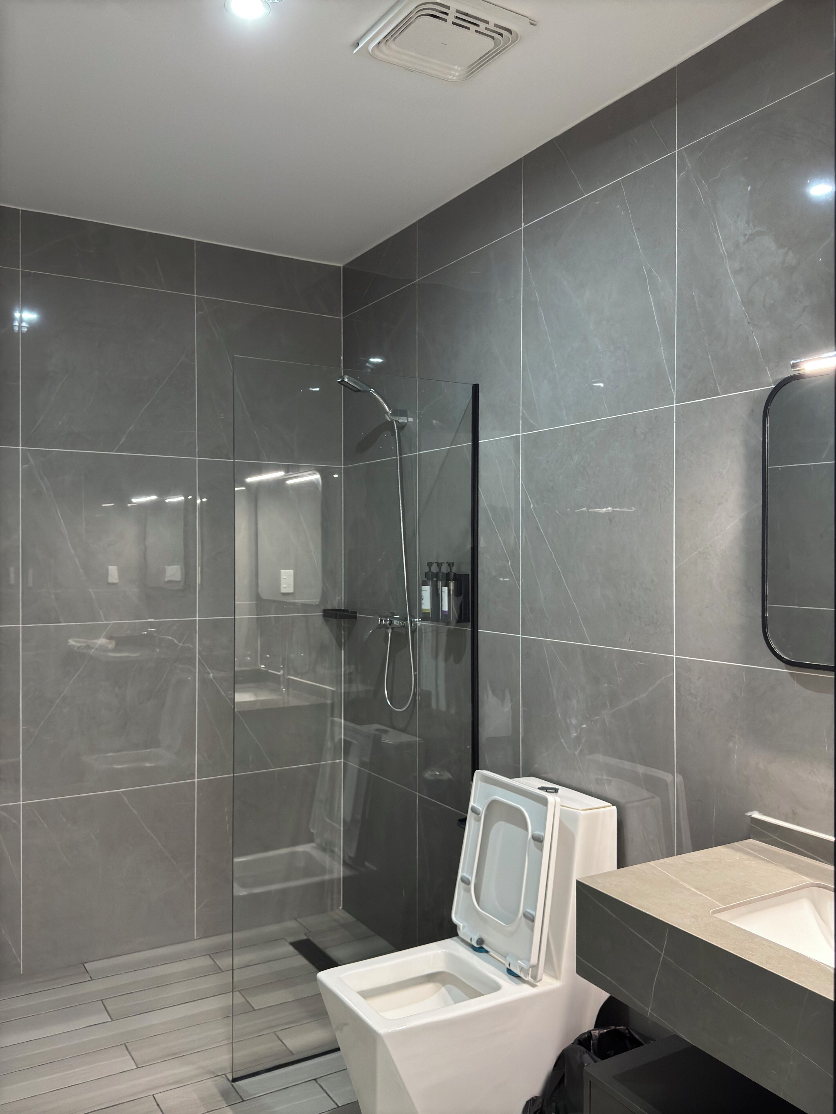 A modern bathroom with a glass-enclosed shower, a toilet, and a sink.