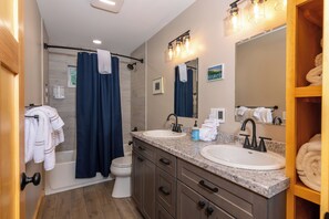 Hair dryer, towels, soap, shampoo