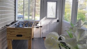 A room with a foosball table, a window, and a plant. - ARCA  Cozy Cabin-Innisfil Beach (Innisfil)