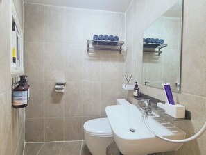 Shower, eco-friendly toiletries, hair dryer, towels