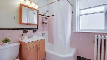 Hair dryer, towels, soap, shampoo