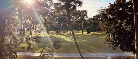 A golf course with a well-maintained fairway, surrounded by trees and a clear sky.