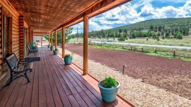 Une véranda couverte avec un plancher en bois, des bancs et des plantes en pot.
