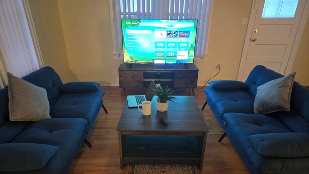 A living room with two blue sofas, a coffee table with a laptop, a remote, and a plant. A television is mounted on the wall.