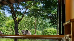 A hot spring area with a wooden deck and a view of lush greenery and trees. - Kinshuusanso (Kawaba)
