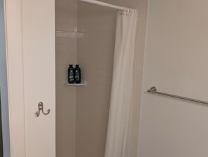 Hair dryer, towels, soap, shampoo
