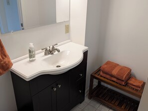 Hair dryer, towels, soap, shampoo