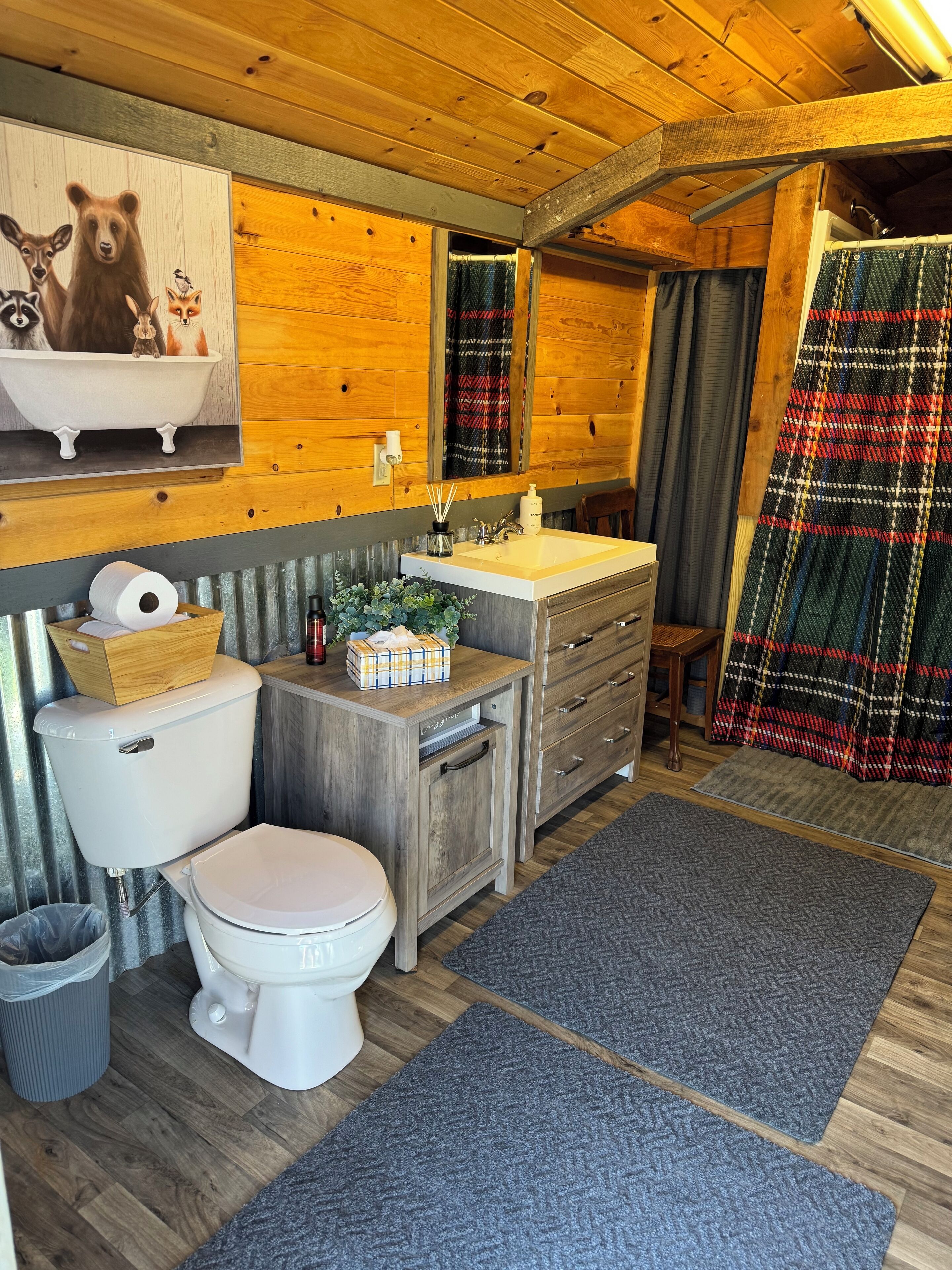 Shower, towels, soap, toilet paper
