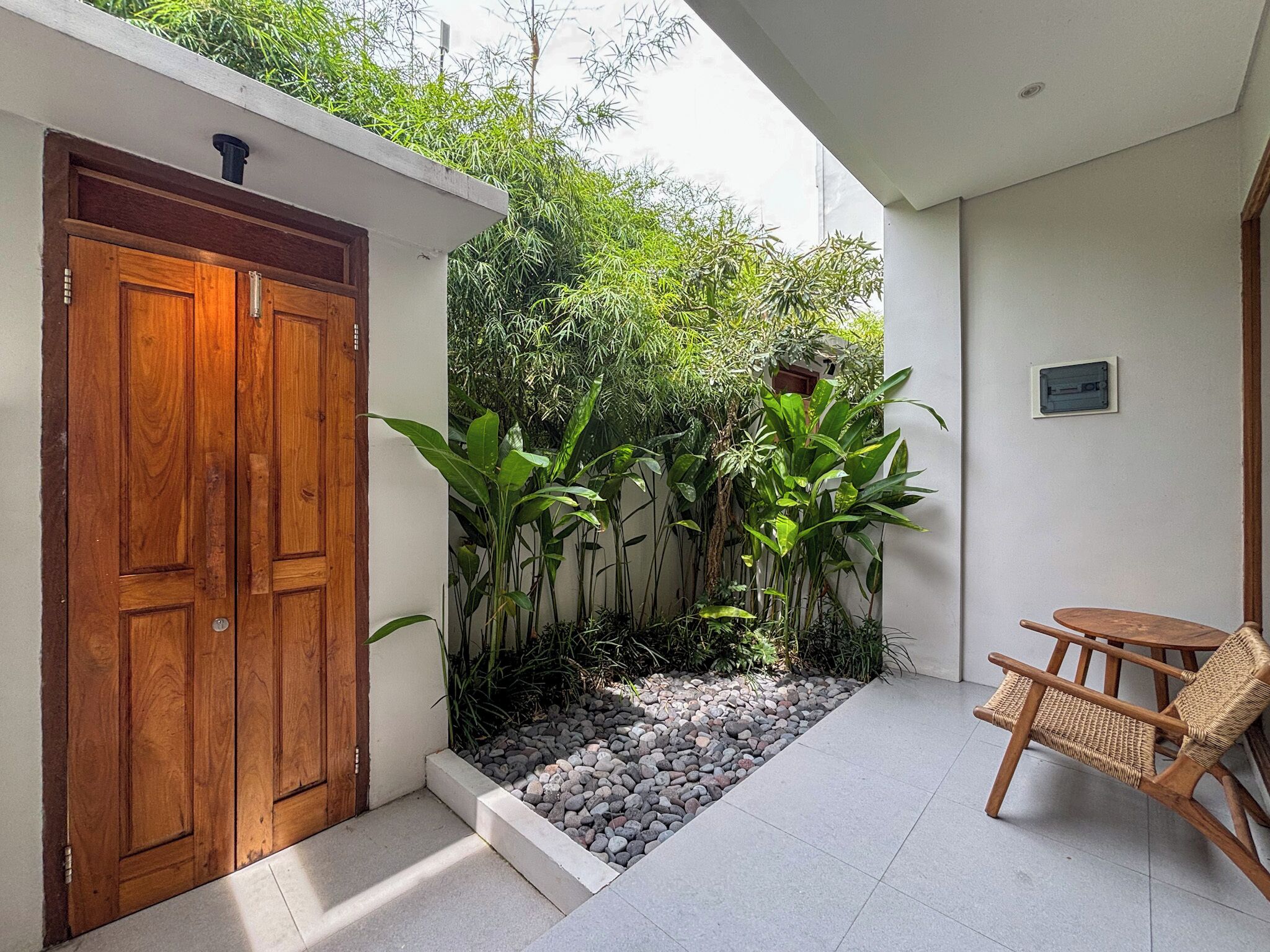 A modern outdoor area with a wooden door, a small table with a chair, and a variety of plants.