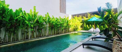 Una piscina con borde de baldosas, rodeada de plantas verdes exuberantes y un edificio blanco con una ventana.