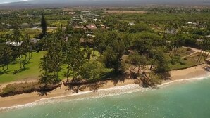 Luchtbeeld van een kustgebied met strand, begroeiing en verspreide gebouwen.
