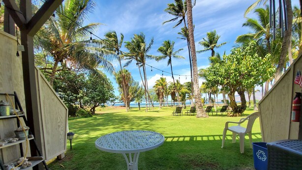 Een terras met een ronde tafel en twee stoelen, een klein plankje met spullen erop, en uitzicht op een gazon met palmbomen en een wateroppervlak.
