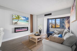 Smart TV, fireplace, books