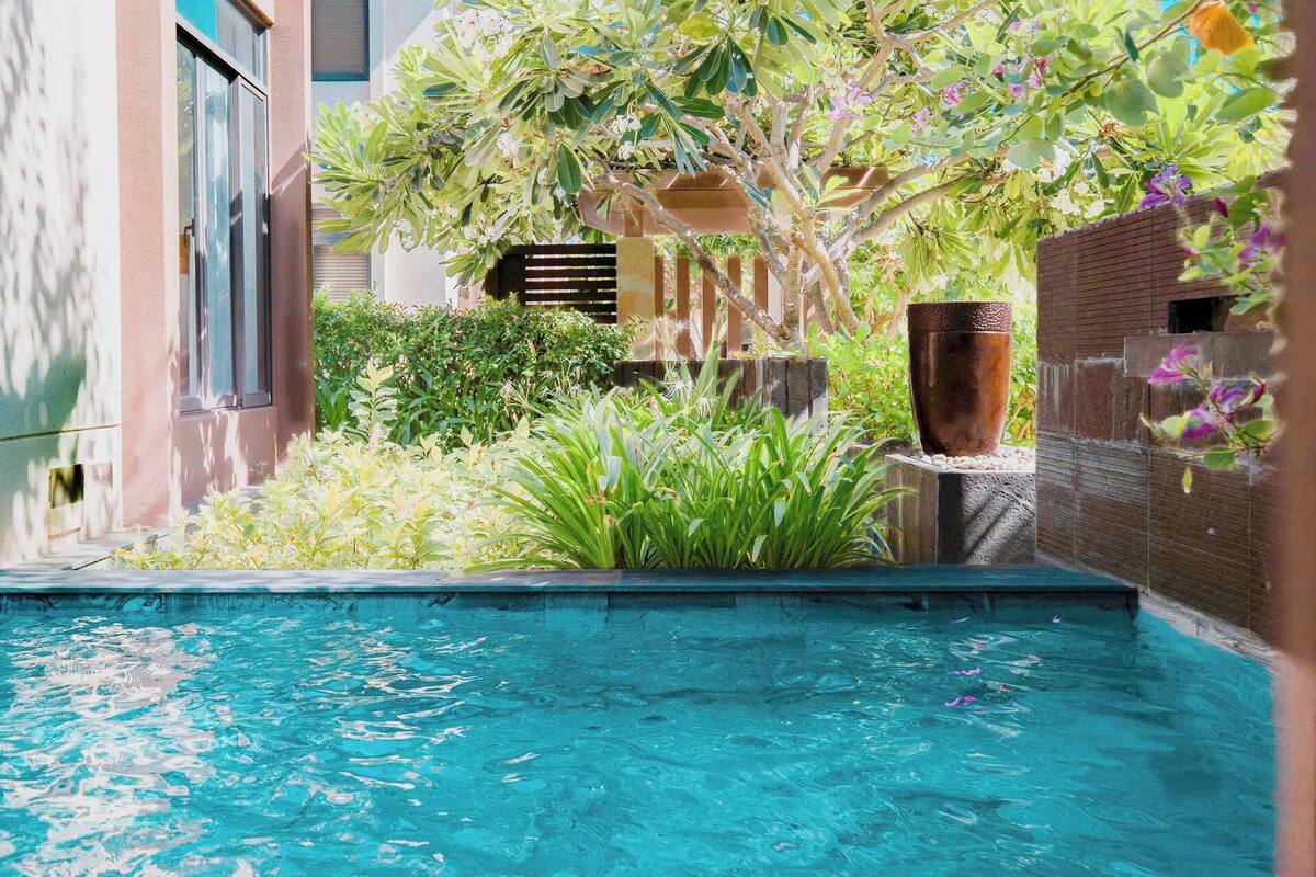A swimming pool with a clear blue water surface, surrounded by lush greenery and a brick wall.